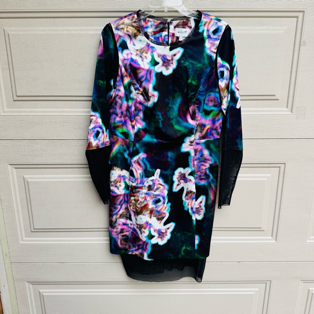 Milly Black and Purple Floral Long Sleeve Dress